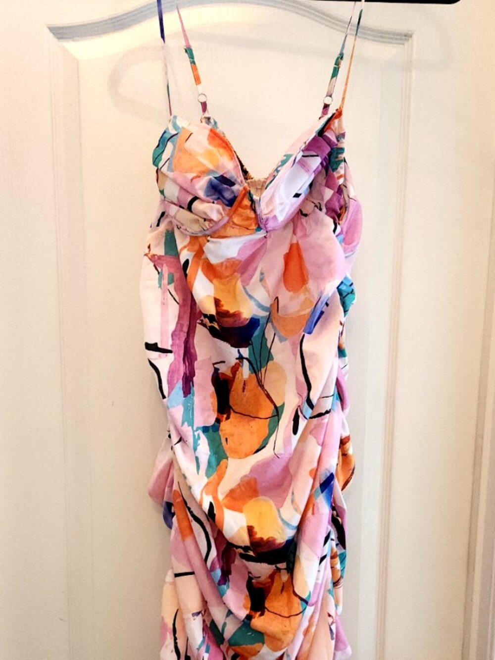 Multi Abstract Print Asymmetric Detail Ruched Midaxi Dress